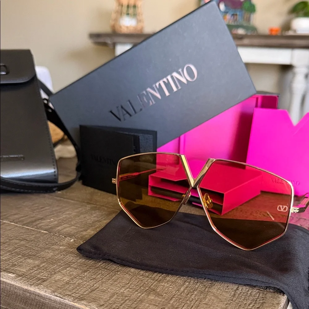 Valentino V Hexagon Glasses and  Black Leather Crossbody